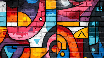 Naklejka premium Vibrant street art mural with colorful graffiti showcasing abstract shapes and designs on a brick wall, representing urban creativity and culture. Graffiti Art. Illustration