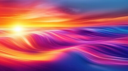 Obraz premium A colorful ocean scene with a sun setting in the background. The colors are vibrant and the waves are wavy