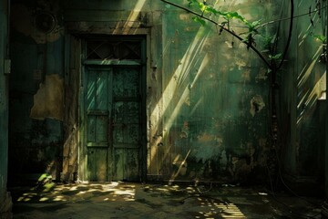 Sunlight is casting shadows from a plant through a doorway in an abandoned building