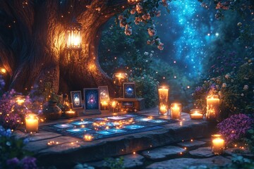 Obraz premium A mystical tarot reading scene under a starlit sky, with celestial-themed cards spread on a table surrounded by glowing candles and crystals. Generative AI