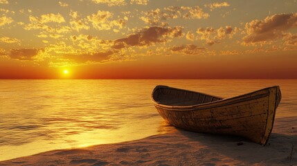 Close up of Golden Hour Boat on a Quiet Beach, Sunset background. Ai generated image