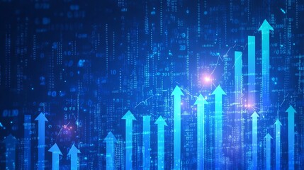 Blue Background with Upward Arrows and Growing Stock Market Graphs. AI generated illustration