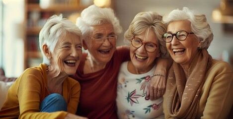 Laughing elderly women chatting.