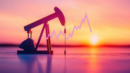 Fototapeta premium Oil pump silhouette against a vibrant sunset with a dynamic graph indicating market trends and energy production.
