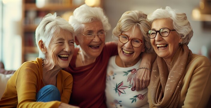Laughing elderly women chatting.