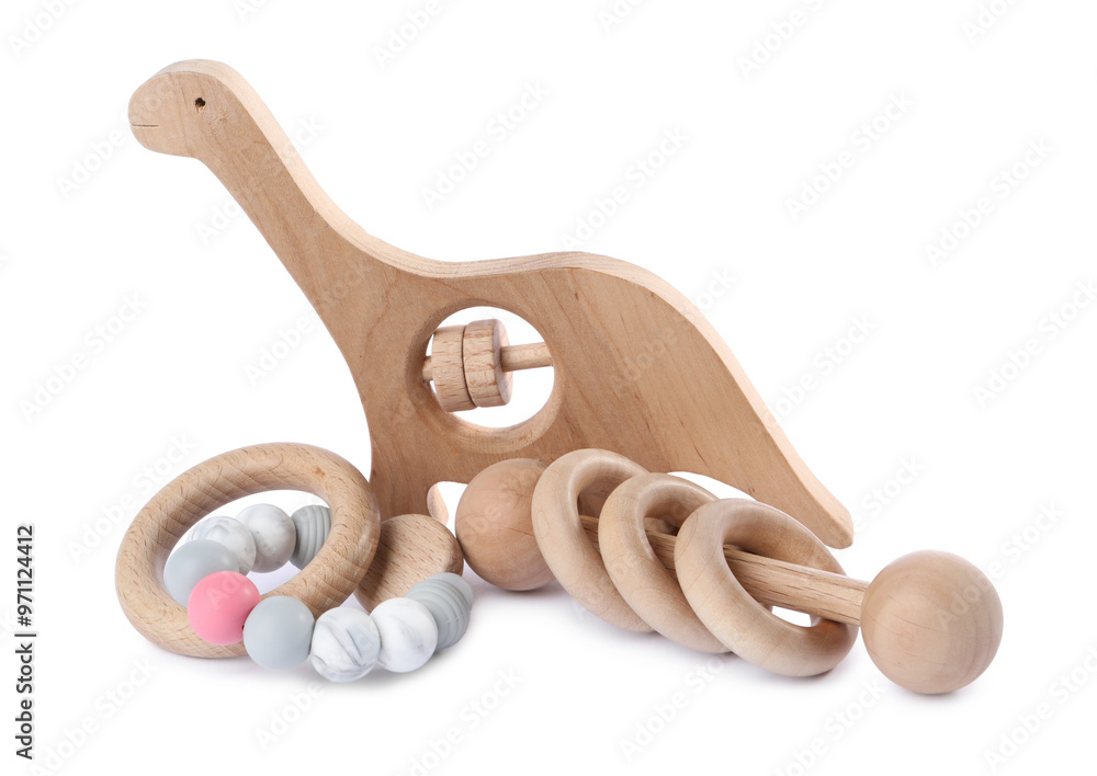 Poster Wooden rattles isolated on white. Baby accessories