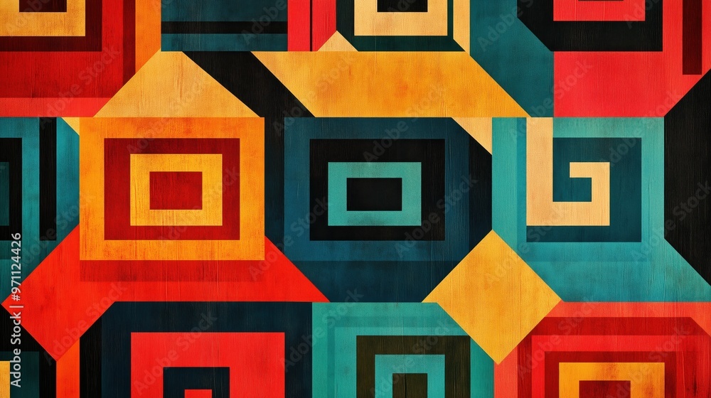 Poster a colorful pattern of squares and triangles on a wooden surface. the colors are bright and bold, cre