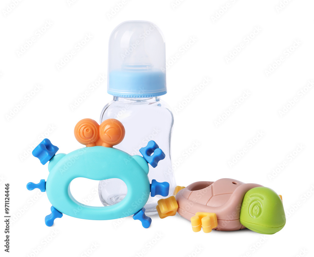 Poster Colorful rattles and bottle isolated on white. Baby accessories