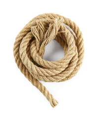 Bundle of hemp rope isolated on white, top view