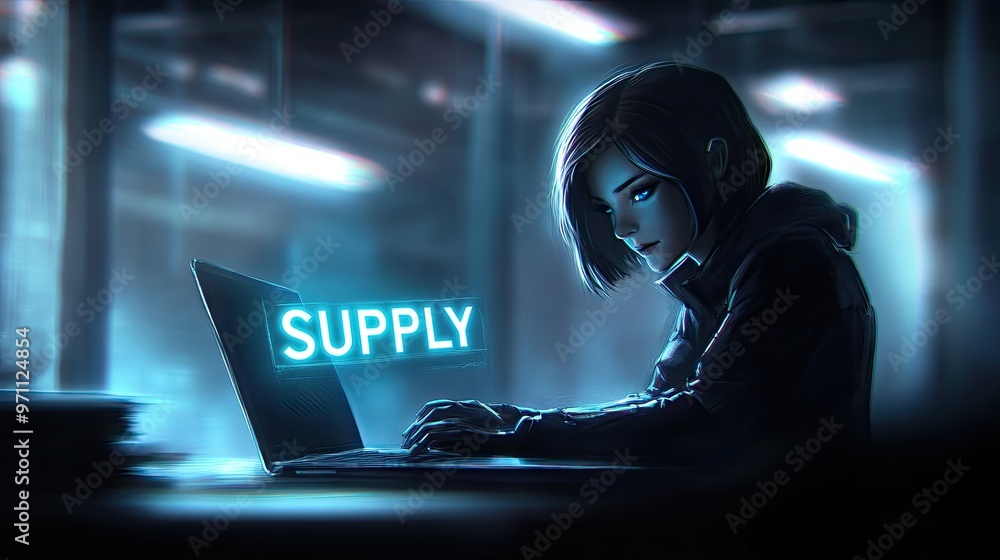 Poster a digital artwork featuring a focused character using a laptop, illuminated by a glowing text.