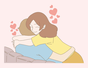Happy couple hugging. Young woman and man cuddling. Embracing couple in love. Hand drawn flat cartoon character vector illustration.