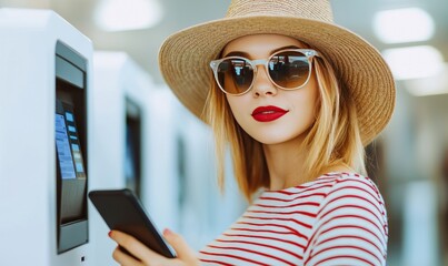 Stylish woman in a hat and sunglasses, holding a phone near a vending machine, exuding confidence and modernity.