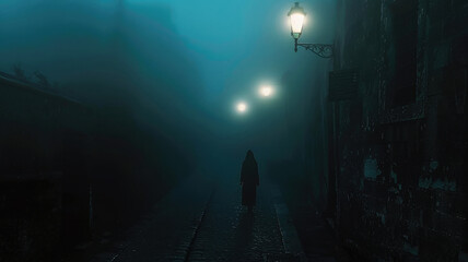 Eerie foggy alley with ghostly figure and flickering streetlights in a dark deserted town