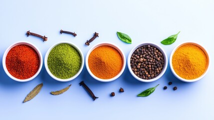 Vibrant assortment of spices in bowls, showcasing a colorful array of flavors and textures ideal for culinary inspiration.