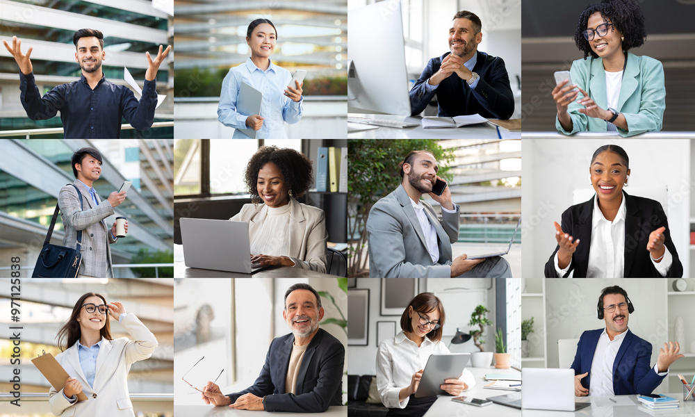 Poster a diverse group of professionals is actively engaged in different tasks within contemporary office e