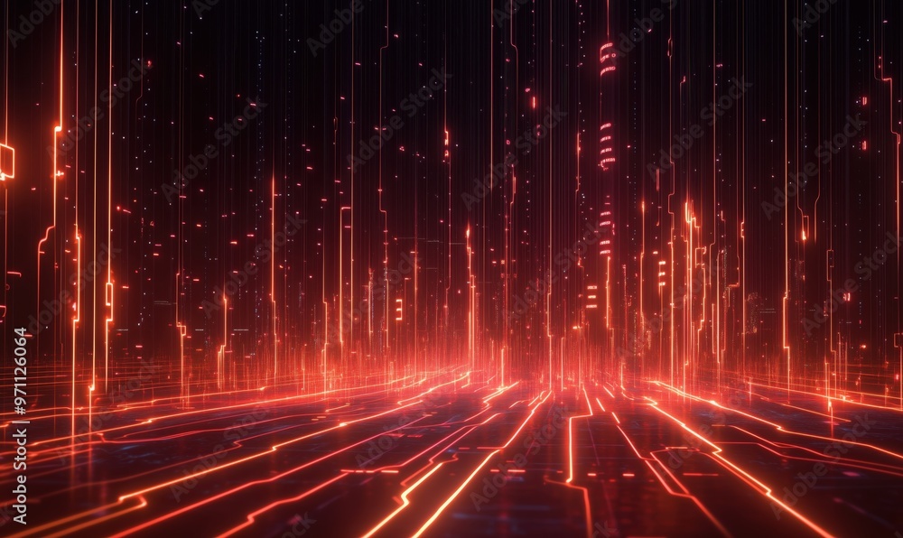 Poster a computer generated image of a cityscape with red lights and a red background. the image has a futu