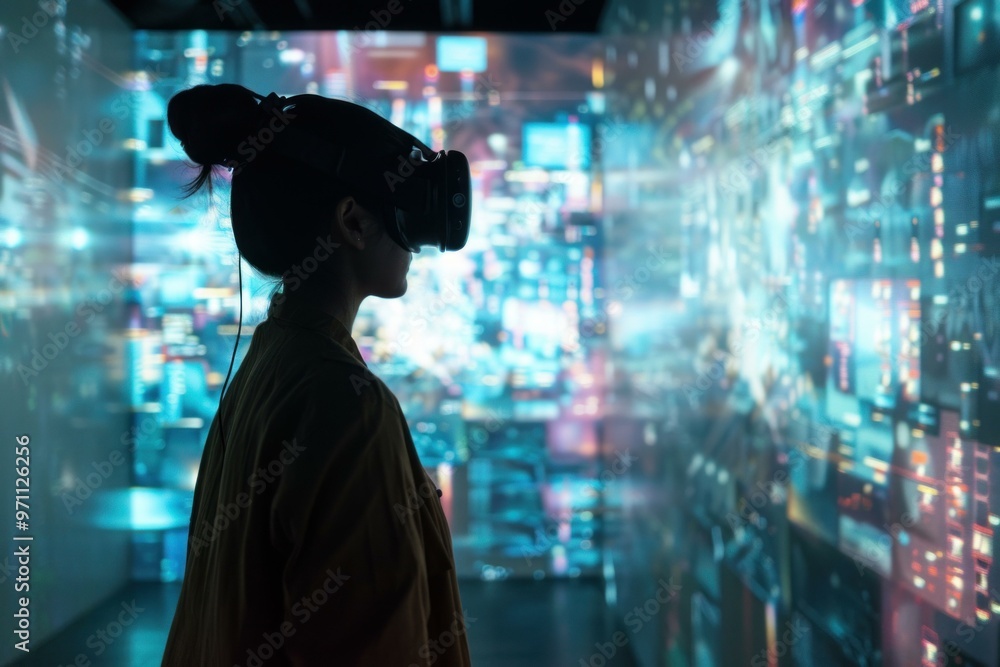Poster software developer is wearing a vr headset and exploring a virtual reality environment