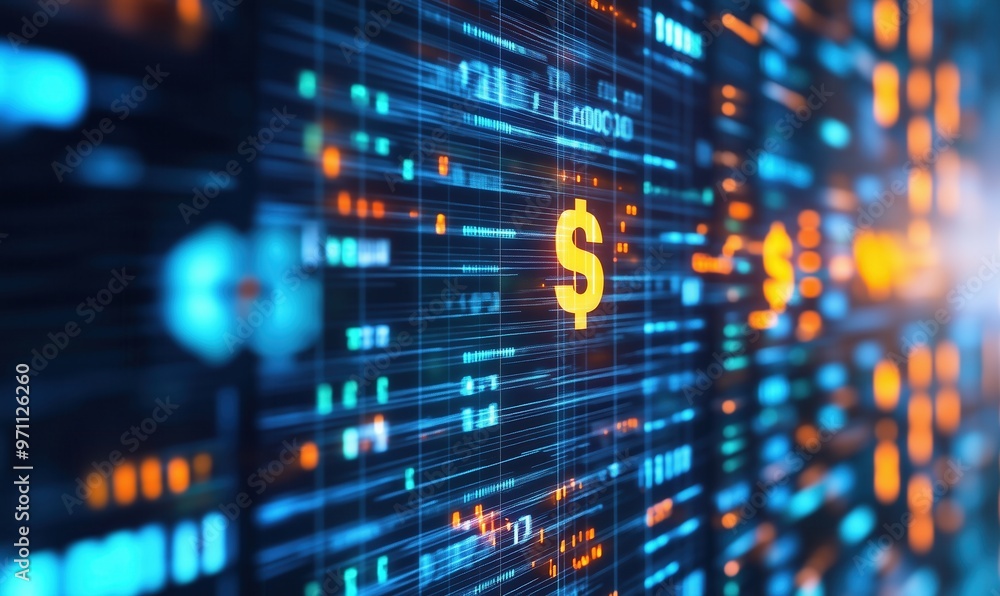 Poster a computer screen with a dollar sign in the middle. the dollar sign is surrounded by a bunch of numb