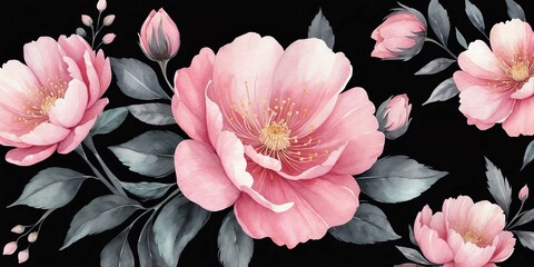 pretty pink theme flowers on pastel black background, concept for banner, watercolor style