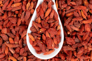 Dried Goji berries Lycium barbarum in a spoon top view