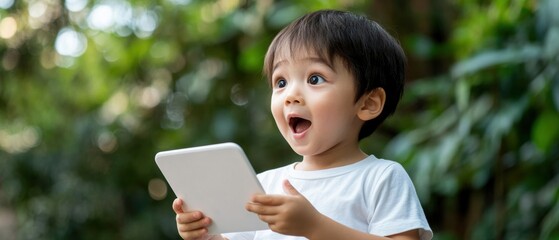 A joyful child exploring technology outdoors, holding a tablet and expressing excitement in a natural setting with greenery.