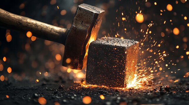 Blacksmith Hammering Iron with Sparks Flying in a Dramatic Action Scene. AI generated illustration