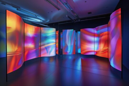 Immersive digital art installation is illuminating a dark room with vibrant colors
