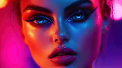 A striking portrait of a model with bold makeup and futuristic fashion, looking intensely at the camera