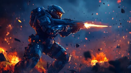 Fototapeta premium Futuristic Warrior Battles Amid Chaotic War-Torn Battlefield Scene with Exosuit Armor and Glowing Firearm