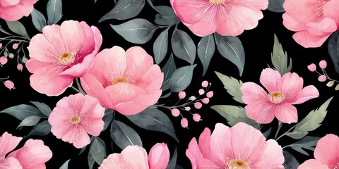 pretty pink theme flowers on pastel black background, concept for banner, watercolor style