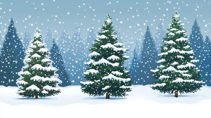 Fototapeta premium Festive banner with Christmas tree forest and snowy elements.