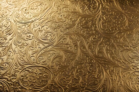 A textured metallic gold surface with intricate engravings shining under soft light, Ai Generated