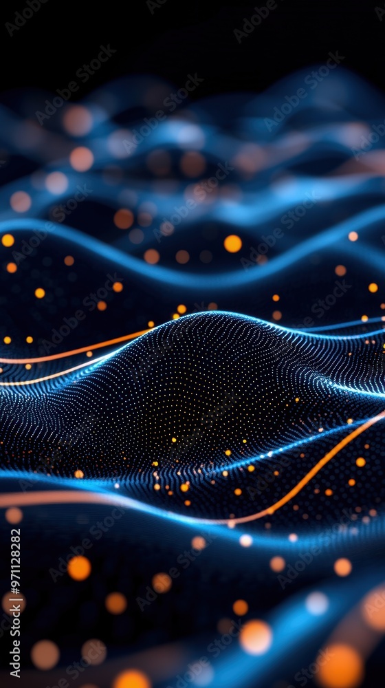 Poster a vibrant digital wave pattern with glowing particles in blue and orange tones, representing technol