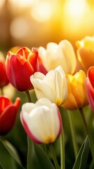 Obraz premium A vibrant bouquet of tulips in various colors, illuminated by warm sunlight, creating a cheerful and inviting spring atmosphere.