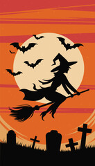 A retro poster with a flat vector illustration of a silhouette of a witch riding a broomstick against a vivid red-orange backdrop