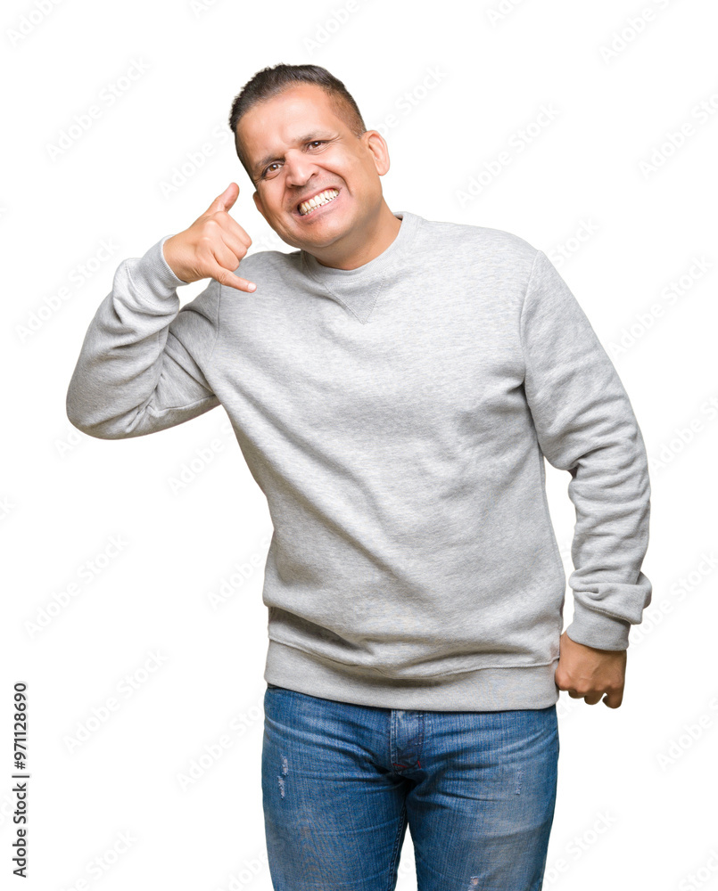 Sticker middle age arab man wearing sport sweatshirt over isolated background smiling doing phone gesture wi