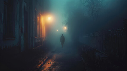Eerie foggy alley with ghostly figure and flickering streetlights in a dark deserted town