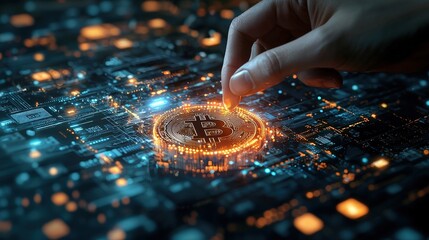 Hand Touching Bitcoin on a Circuit Board