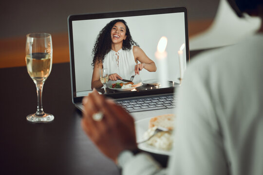 Home, people and video call with laptop screen for date, conversation and digital reunion with connection. Wine, woman or friends with technology for long distance gathering, food and dinner together