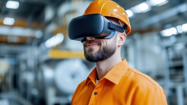A worker using virtual reality technology in an industrial setting, showcasing innovation in safety and training practices.
