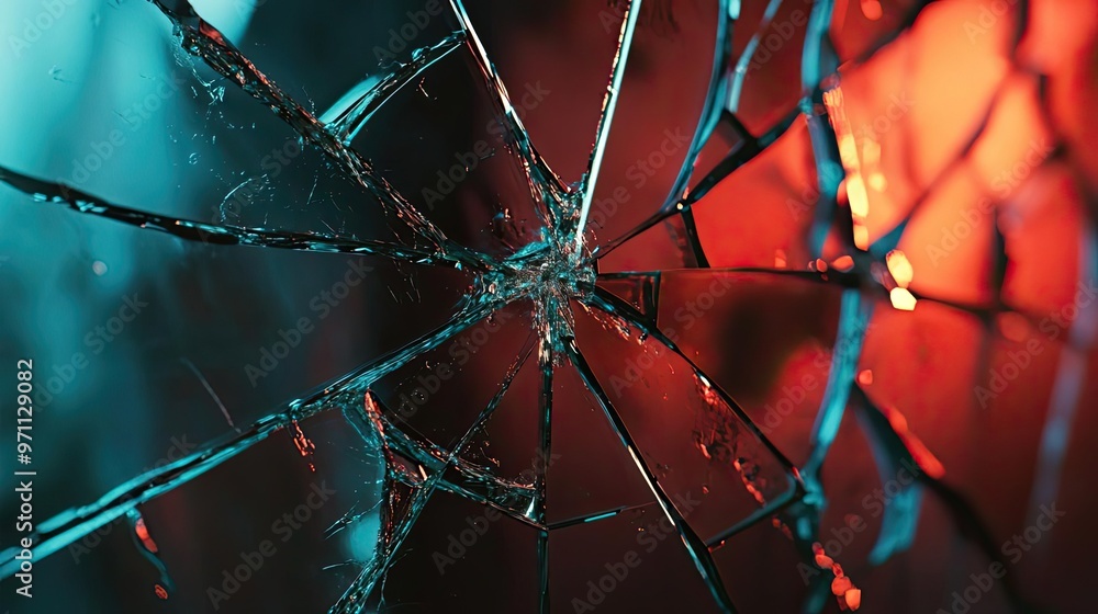 Poster close-up of shattered glass with intricate patterns, illuminated by blue and red lights, creating an