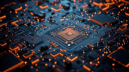 Obraz premium Closeup of Illuminated Circuit Board with Microchip Technology Background