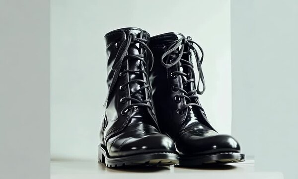 Pair of stylish ankle boots on white background, hyperrealistic Video