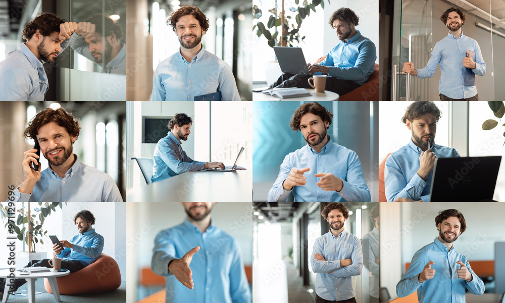 Poster a young man with curly hair is actively participating in diverse tasks within a contemporary office 