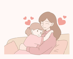 Mother hugging little daughter. Older sister embracing younger sister. Happy Mother's day. Hand drawn flat cartoon character vector illustration.