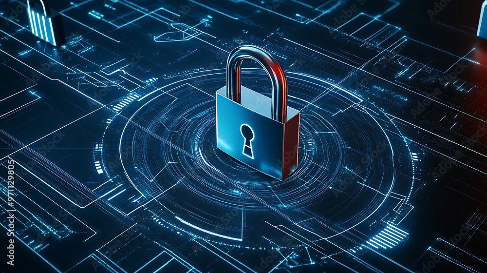 Poster secure telecommunication network technology concept with firewalls, padlocks, and encrypted lines - 