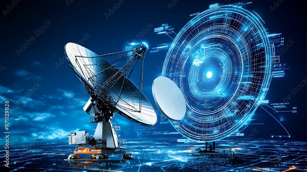 Poster network connectivity: telecommunication systems and satellite dishes transmitting digital signals un