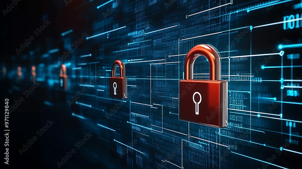 Poster secure telecommunication network concept with firewalls, padlocks, and encrypted lines | technology 