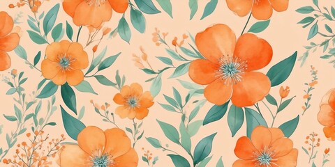 pretty orange theme flowers on pastel orange background, concept for banner, watercolor style