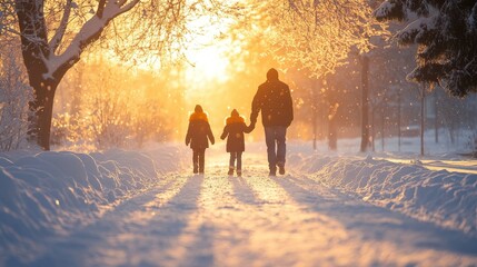 A family walks together in a snowy landscape during sunset, creating a warm, nostalgic scene.
